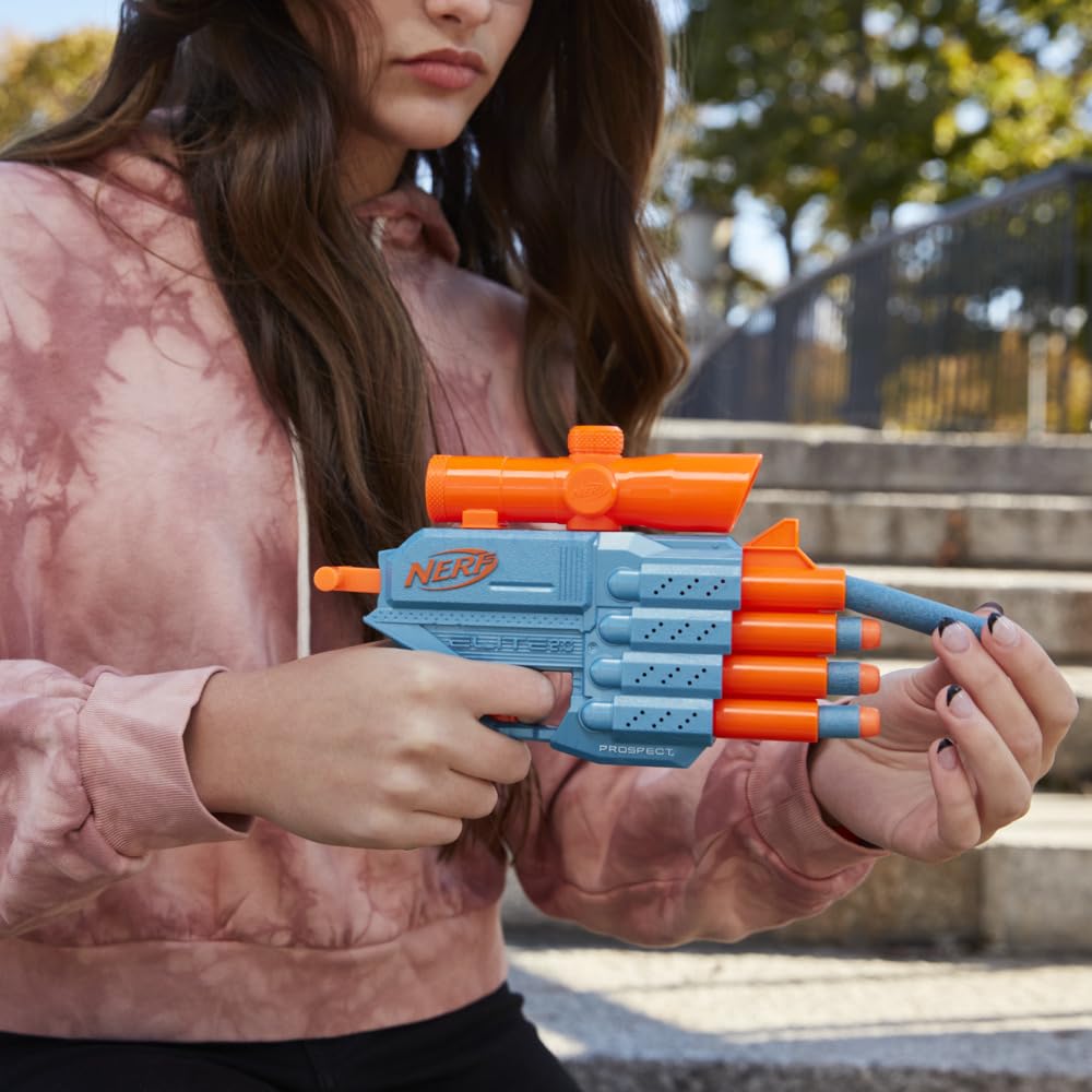 Nerf Elite 2.0 Prospect Qs-4 Blaster, 8 Official Nerf Elite Darts, 4-Dart Blasting, Nonremovable Targeting Scope, Pull-Back Priming, 8Yrs+