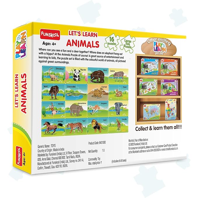 Funskool - Play & Learn-Animals,Educational,16 Pieces,Puzzle,for 3 Year Old Kids and Above,Toy,Multicolor