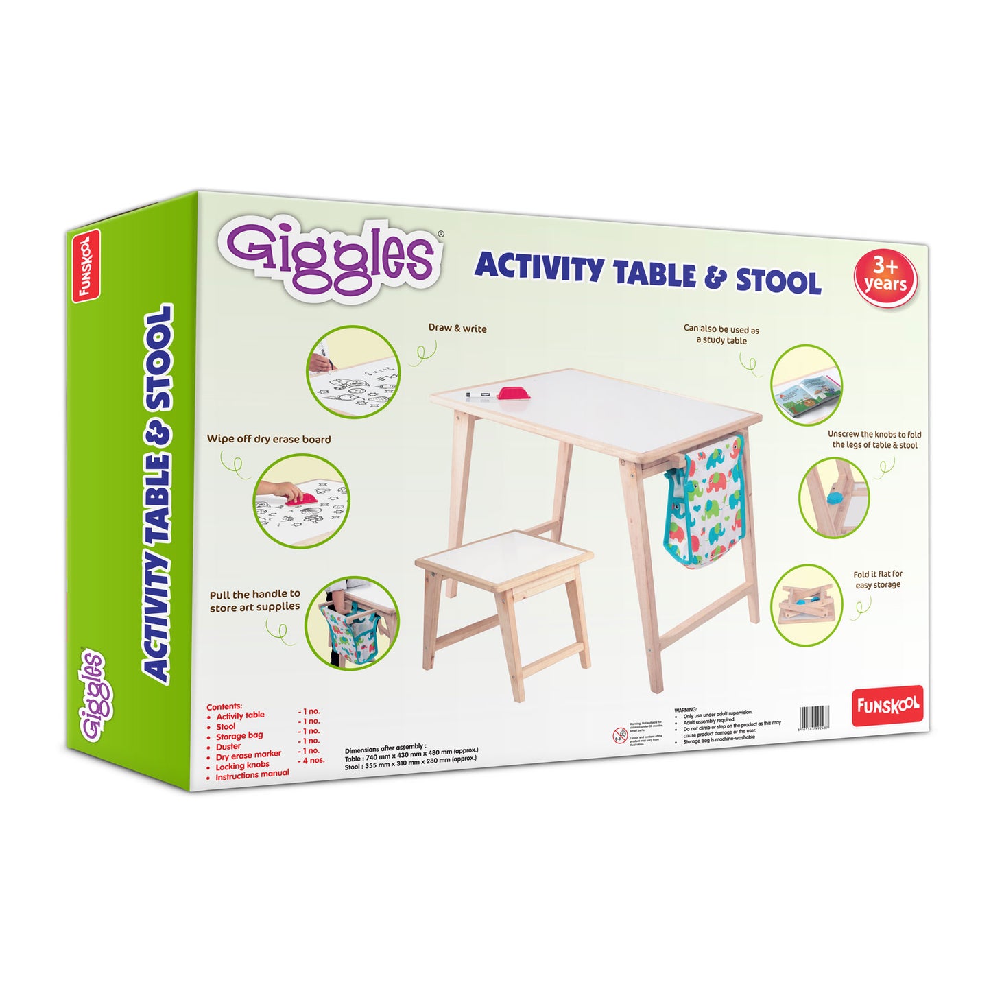 Funskool Giggles - Activity Table & Stool, Wooden Kids Study Table, Dry Erase Board,Studying and Storage, 3 Years & Above, Preschool Toys