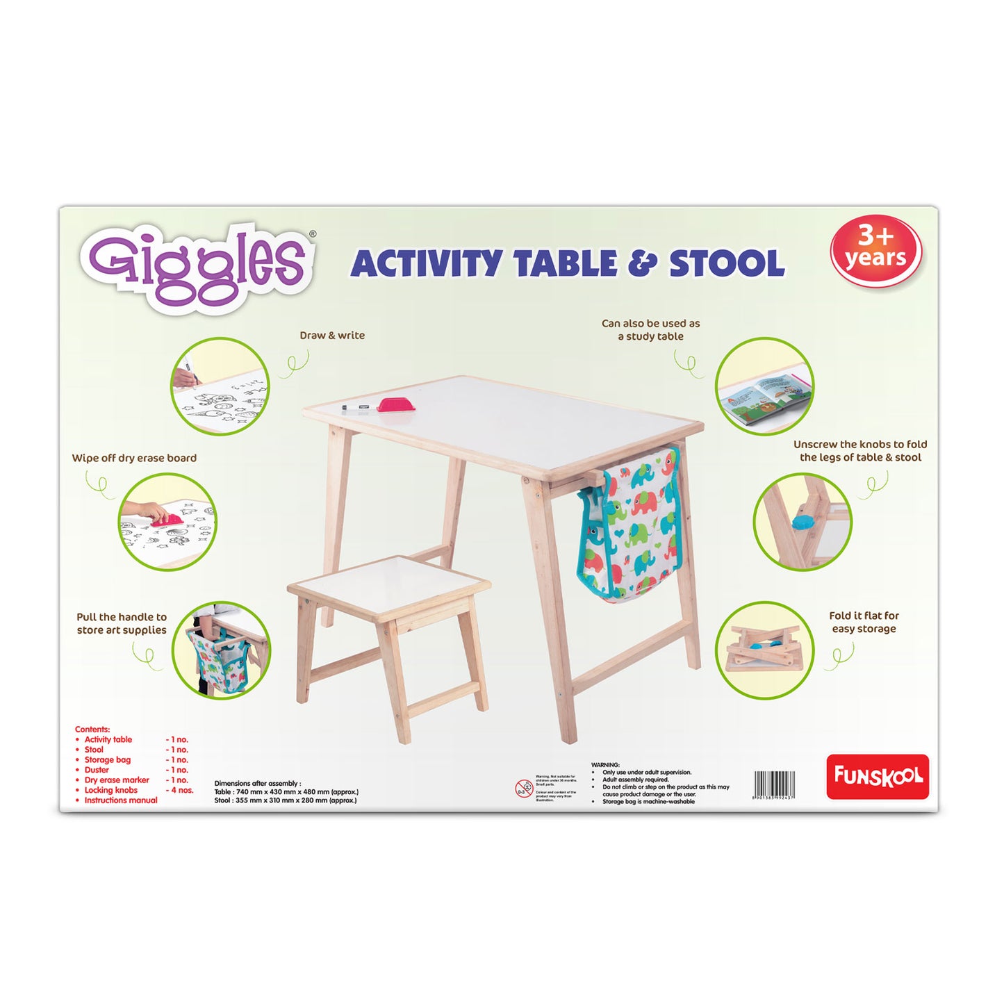 Funskool Giggles - Activity Table & Stool, Wooden Kids Study Table, Dry Erase Board,Studying and Storage, 3 Years & Above, Preschool Toys