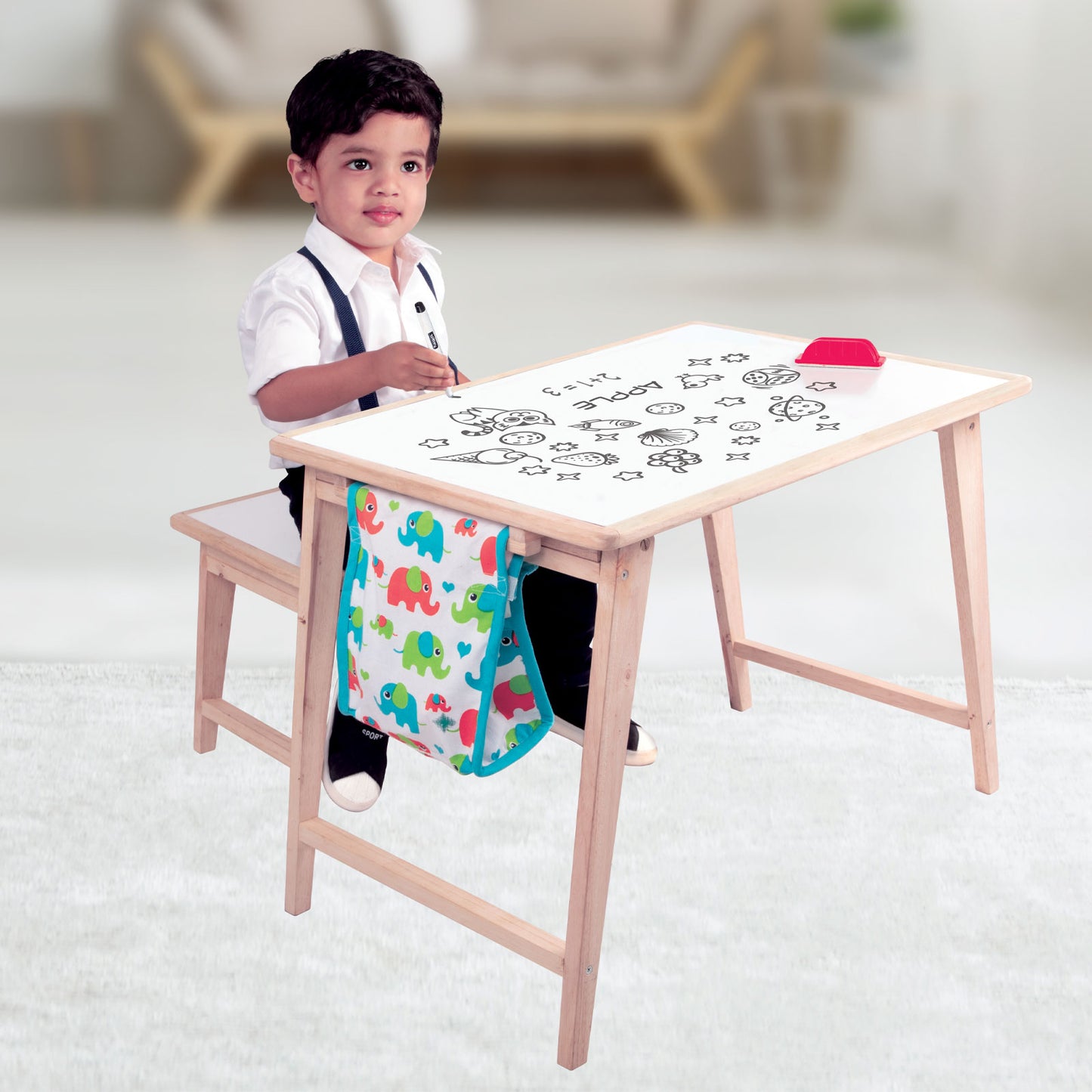 Funskool Giggles - Activity Table & Stool, Wooden Kids Study Table, Dry Erase Board,Studying and Storage, 3 Years & Above, Preschool Toys