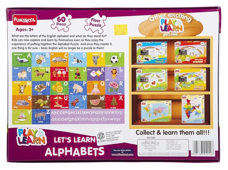 Funskool - Play & Learn-Alphabet,Educational,60 Pieces,Puzzle,for 3 Year Old Kids and Above,Toy