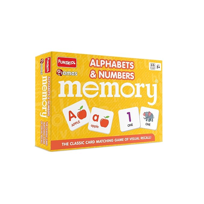 Funskool-Memory Alphabets And Nos, Educational matching picture game for children, Family Games,Strategy Board,Toys for Kids, 1 or more players, 3 years and Above, Multicolour