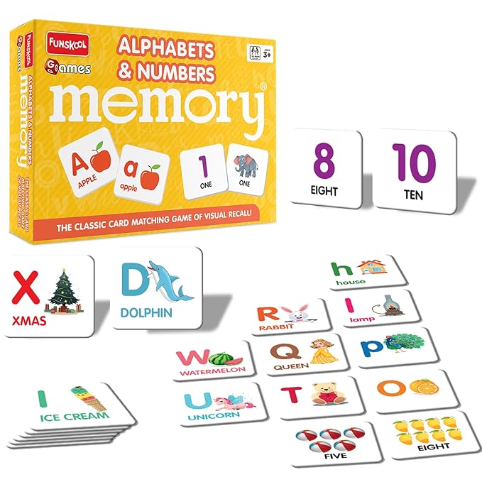 Funskool-Memory Alphabets And Nos, Educational matching picture game for children, Family Games,Strategy Board,Toys for Kids, 1 or more players, 3 years and Above, Multicolour
