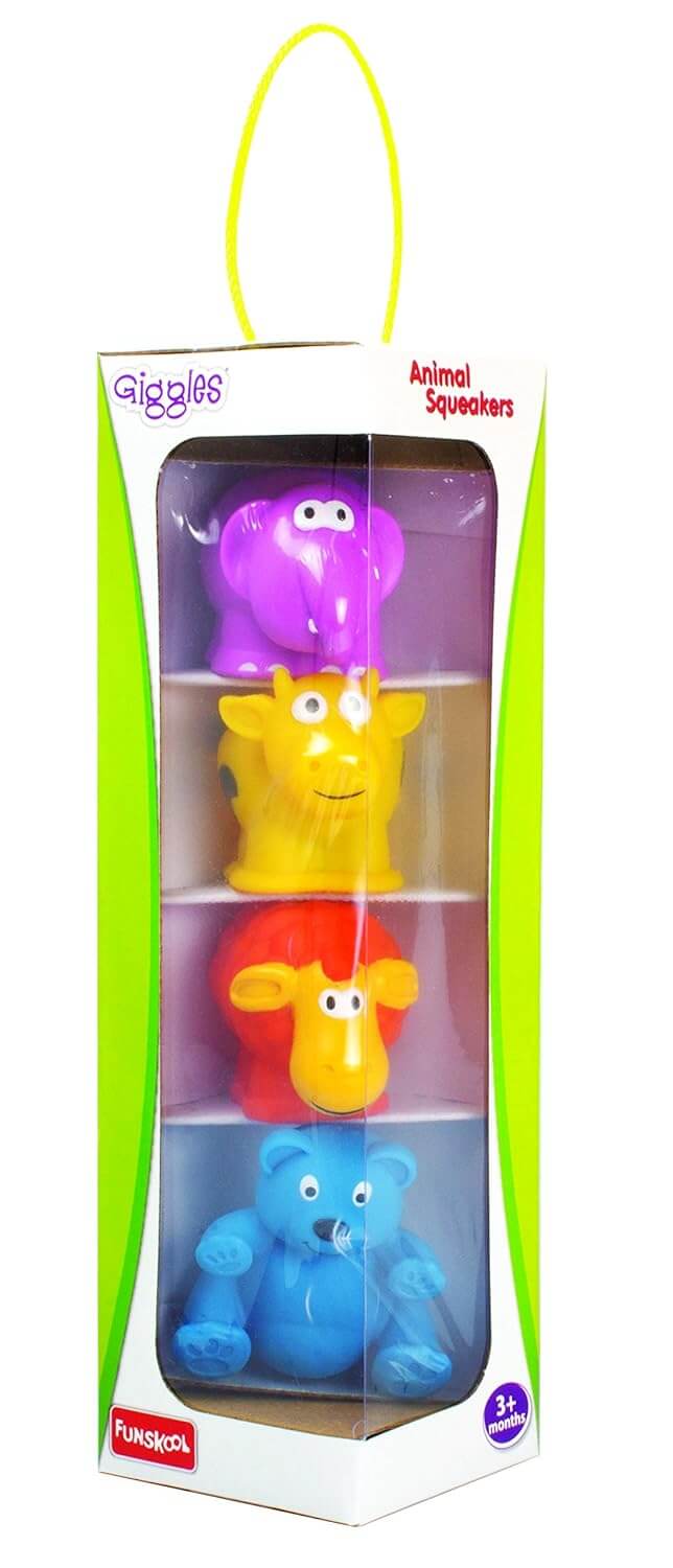 Giggles Funskool,Animal Squeakers(Pack of 4),Multicolour Animal Squeakers,Stimulates Senses,Natural Squeaking Sound,3 Months and Above,Infant Toys