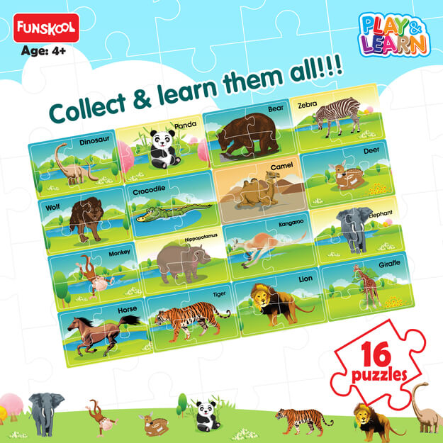 Funskool - Play & Learn-Animals,Educational,16 Pieces,Puzzle,for 3 Year Old Kids and Above,Toy,Multicolor