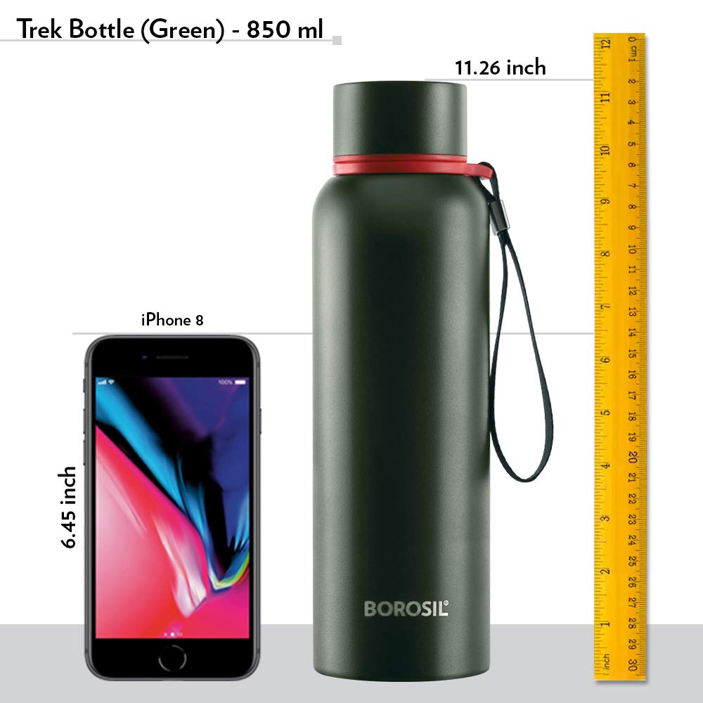 Borosil Hydra Trek 850 ml Stainless Steel Water Bottle | Double Wall Vacuum Insulated Flask, Green | 20 Hours Hot & 24 Hours Cold | Ideal for Personal & Corporate Gifting | 1 Year Warranty
