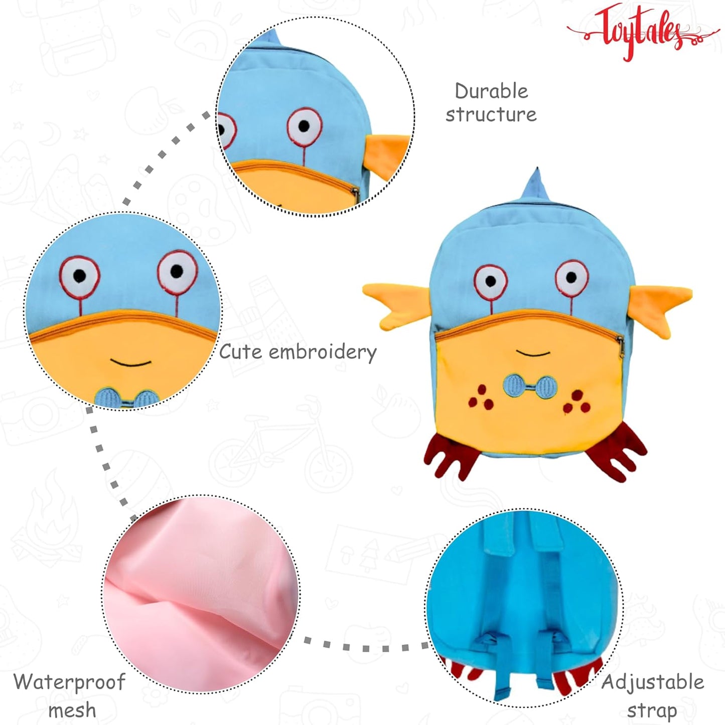 TOYTALES Cute Crabby Kids Backpack | Super Soft Plush Cartoon Animal Bag for Nursery & Preschool | Travel School Bag for Baby Girl, Boy & Toddlers (2-5 Years)