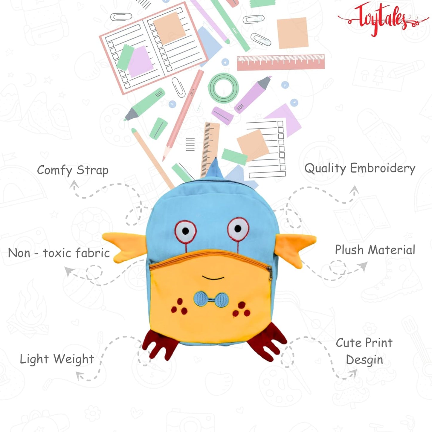 TOYTALES Cute Crabby Kids Backpack | Super Soft Plush Cartoon Animal Bag for Nursery & Preschool | Travel School Bag for Baby Girl, Boy & Toddlers (2-5 Years)