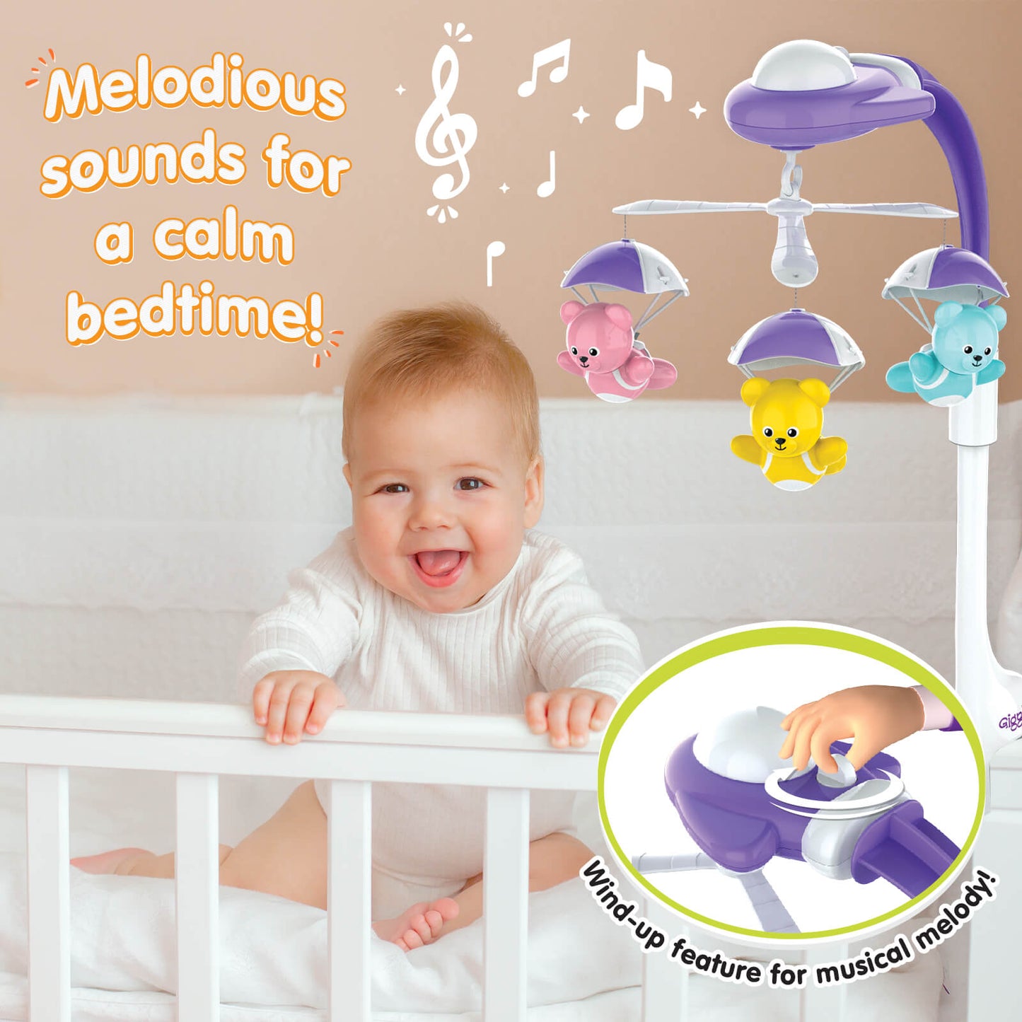 Giggles Funskool Bear Melody Crib Mobile, Soothing Music with Adorable Parachute Bears, Hanging Toy for Newborn Baby, Infants & Toddlers, Gift Set for Babies, Age 0+ Months
