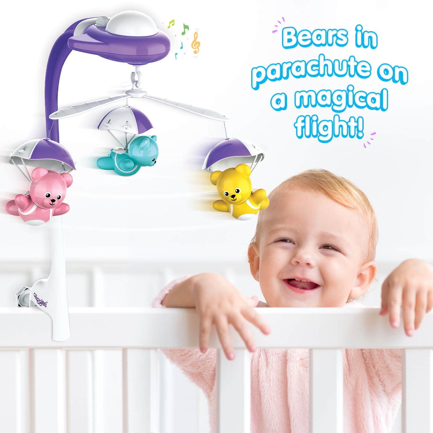 Giggles Funskool Bear Melody Crib Mobile, Soothing Music with Adorable Parachute Bears, Hanging Toy for Newborn Baby, Infants & Toddlers, Gift Set for Babies, Age 0+ Months