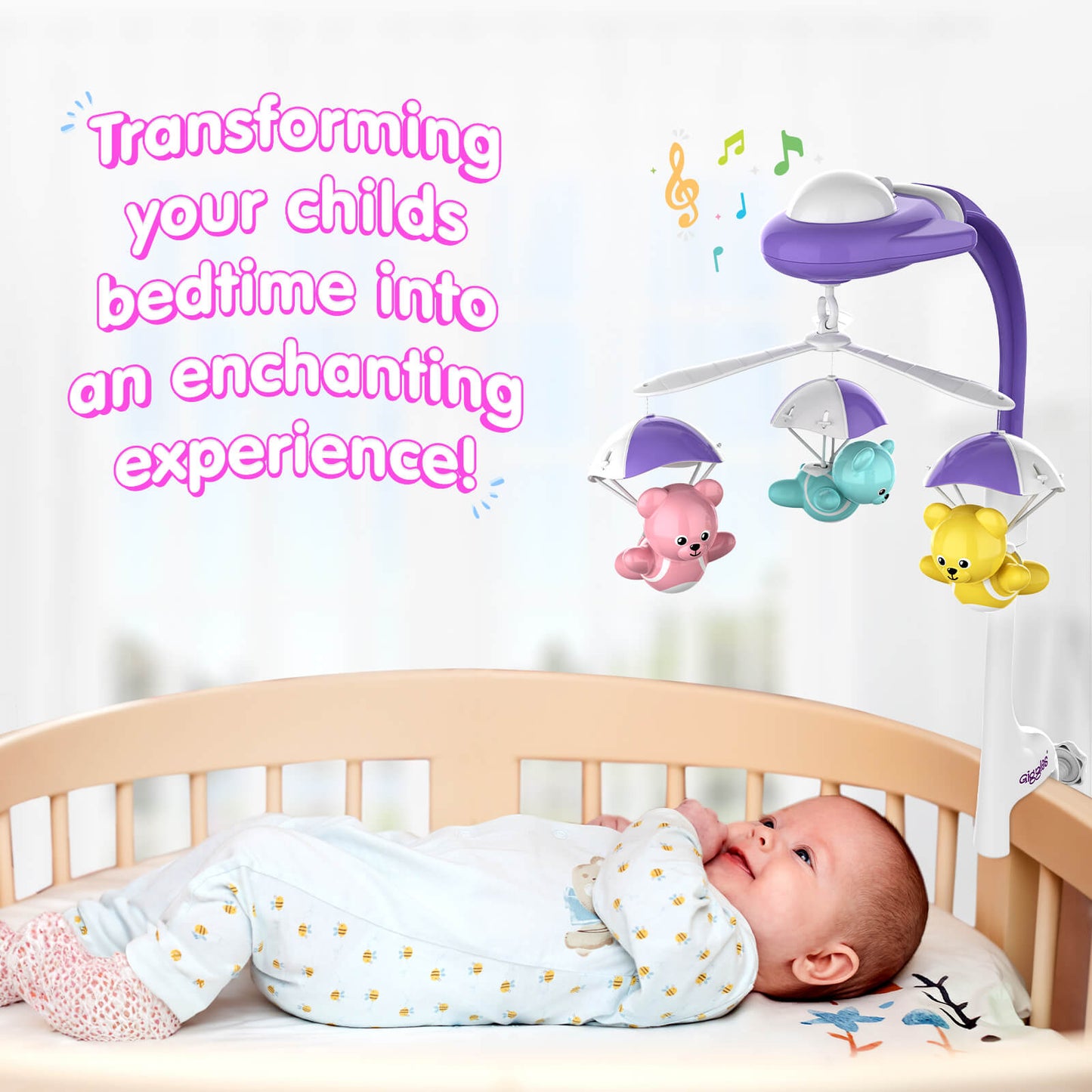 Giggles Funskool Bear Melody Crib Mobile, Soothing Music with Adorable Parachute Bears, Hanging Toy for Newborn Baby, Infants & Toddlers, Gift Set for Babies, Age 0+ Months