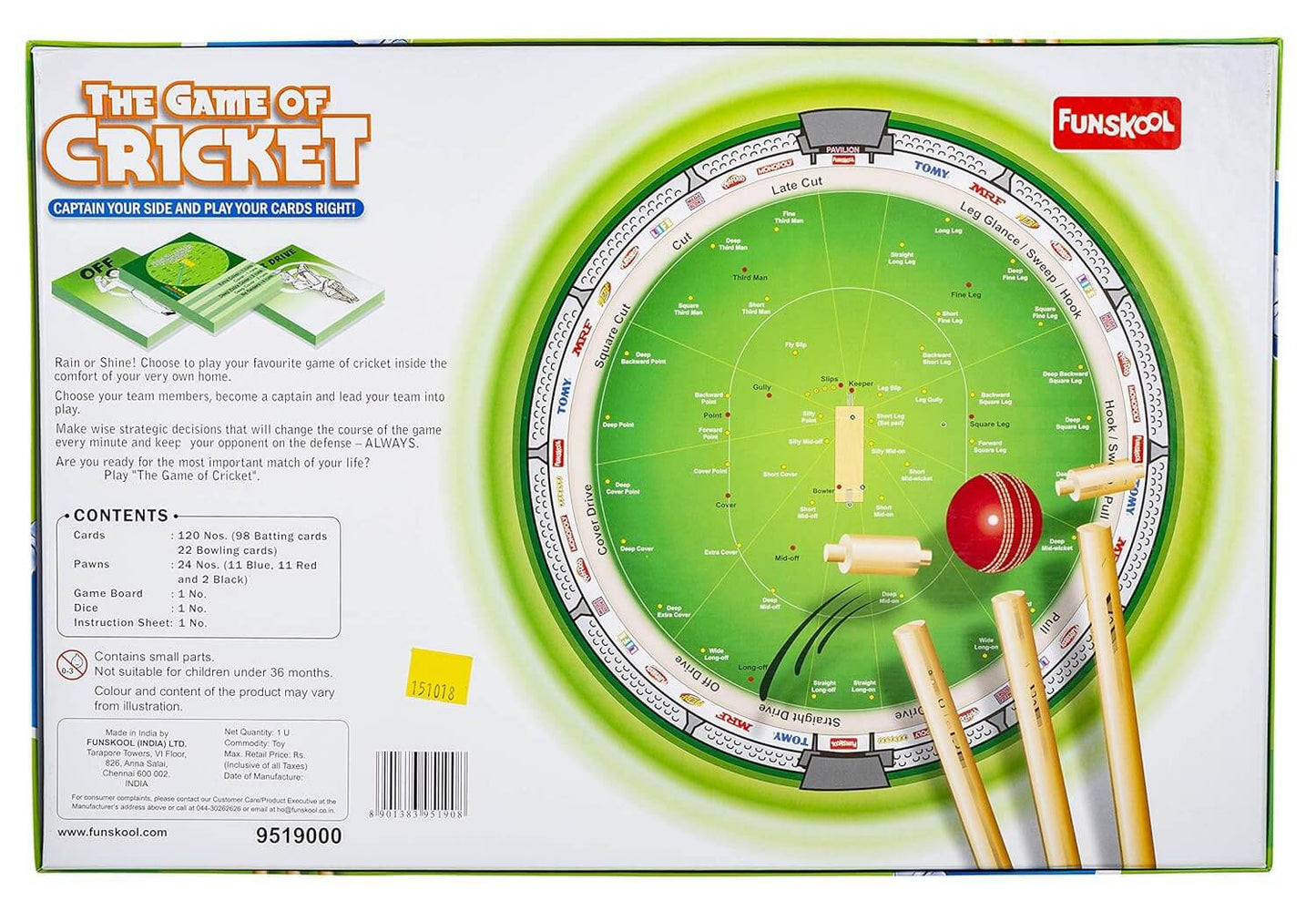 Funskool Games - Game Of Cricket, Sport board Game, Cricket game for kids and family, 2 - 4 players, 8 & above Color as per stock,27 pieces,120 cards