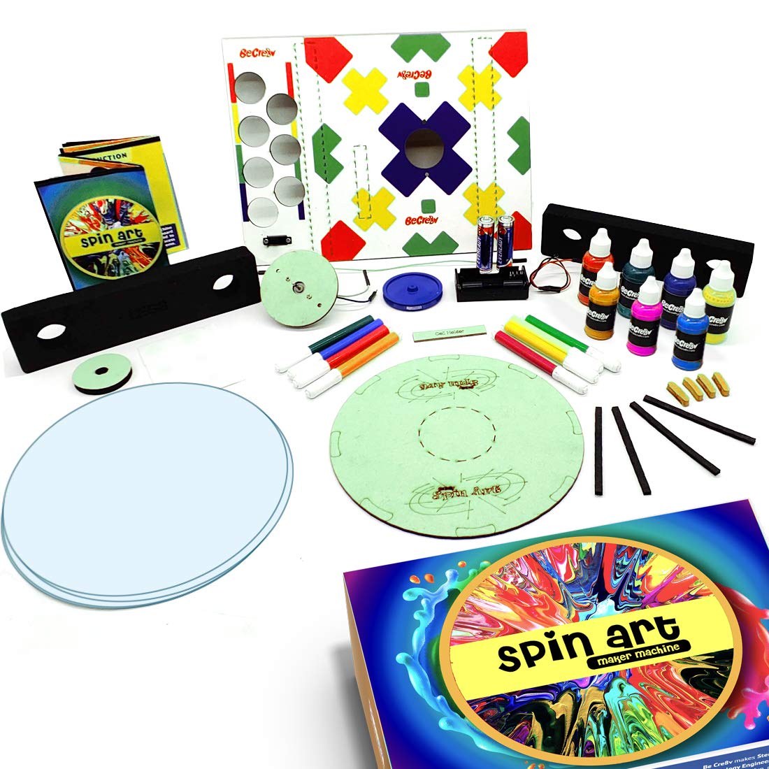 Be Cre8v Spin Art Machine DIY Kit - Creative Spin & Paint Kit With Motorized Spinning Machine, Portable & Easy to Carry, 7 Paint Bottles Including Metallic Gold & Silver Colors