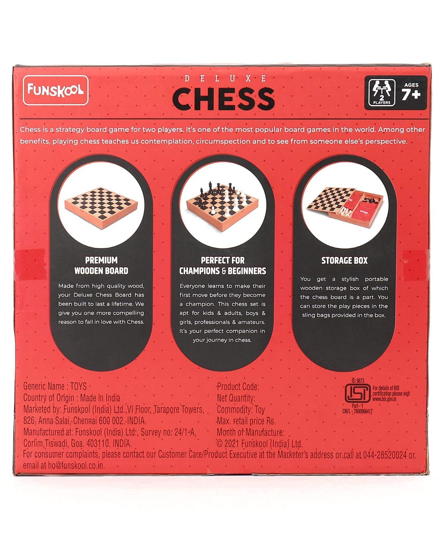 Funskool Games, Deluxe Chess, Wooden Set, War & Strategy, Family Games, Strategy Board Games, Toys for Kids, Wooden Board with Storage Box, Adults & Family, 2 Players, Ages 7 and Above, Multicolour