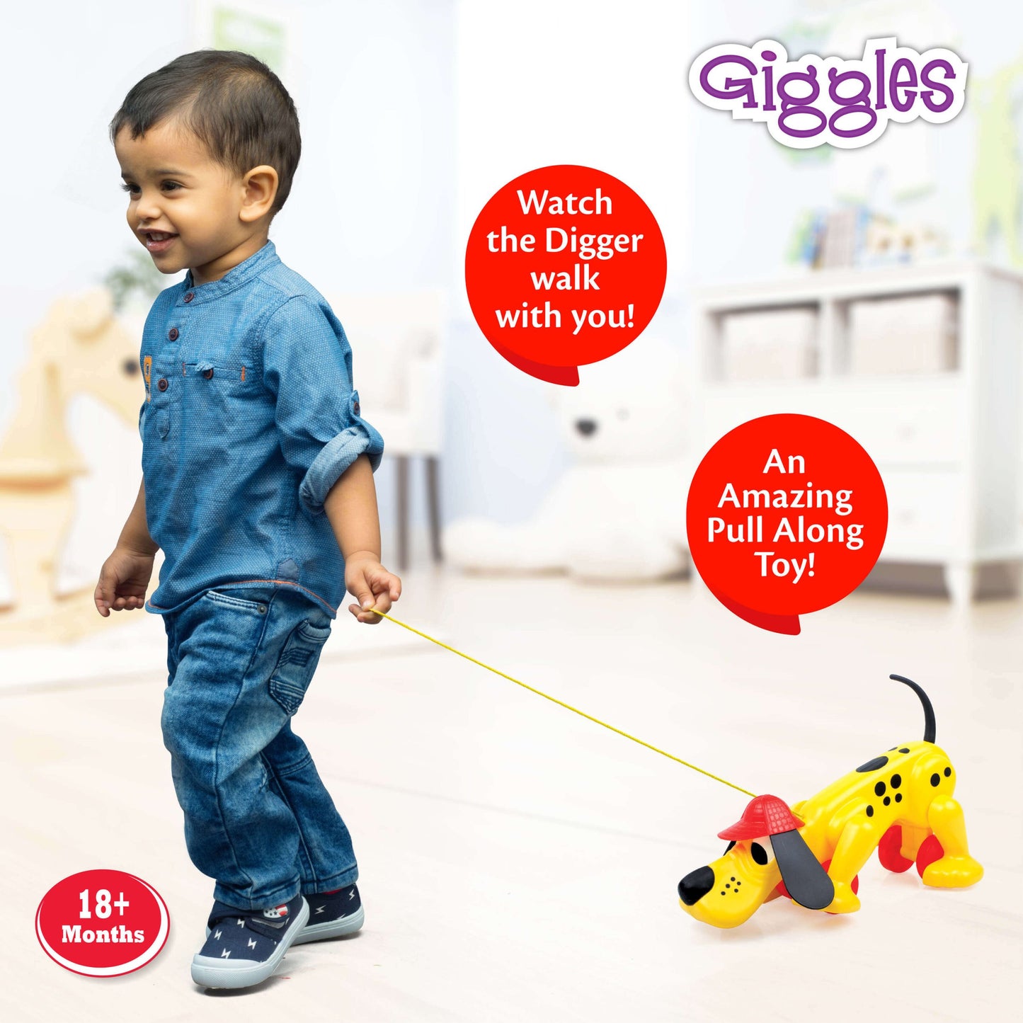 Giggles Funskool Pull Along Digger The Dog, Activity & Learning Toys for Babies, Toddlers, for Baby Boys & Girls, Encourage Walking, Improve Balance, Multicolour, Gift Set for Kids, Ages 12+ Months