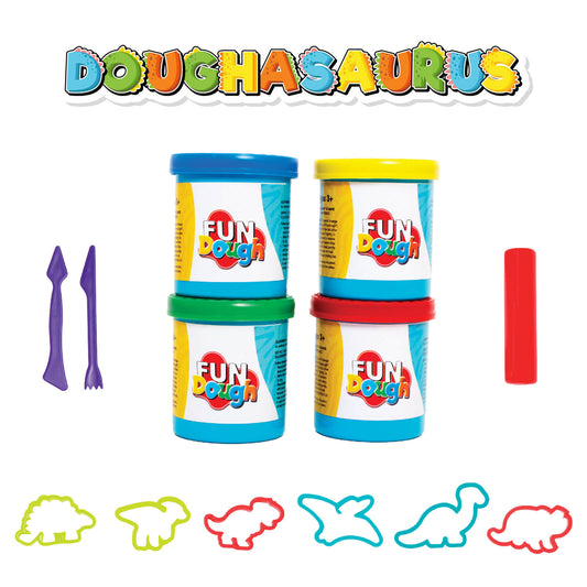 Fundough Funskool Doughasaurus, Play Dough, Art and Craft Set for Kid, 4 Colorful Tubs of 50g Each (200g Total), Learning, Fun & Engaging, Multicolour, Gift Set for Kids, Age 3+ Years