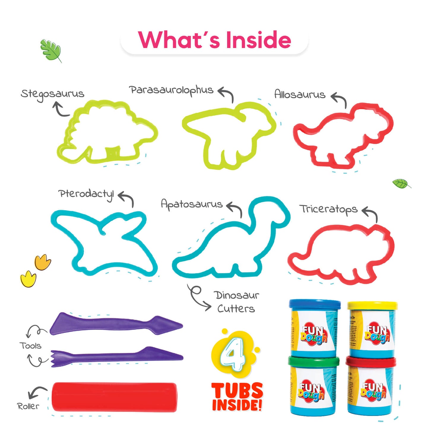 Fundough Funskool Doughasaurus, Play Dough, Art and Craft Set for Kid, 4 Colorful Tubs of 50g Each (200g Total), Learning, Fun & Engaging, Multicolour, Gift Set for Kids, Age 3+ Years