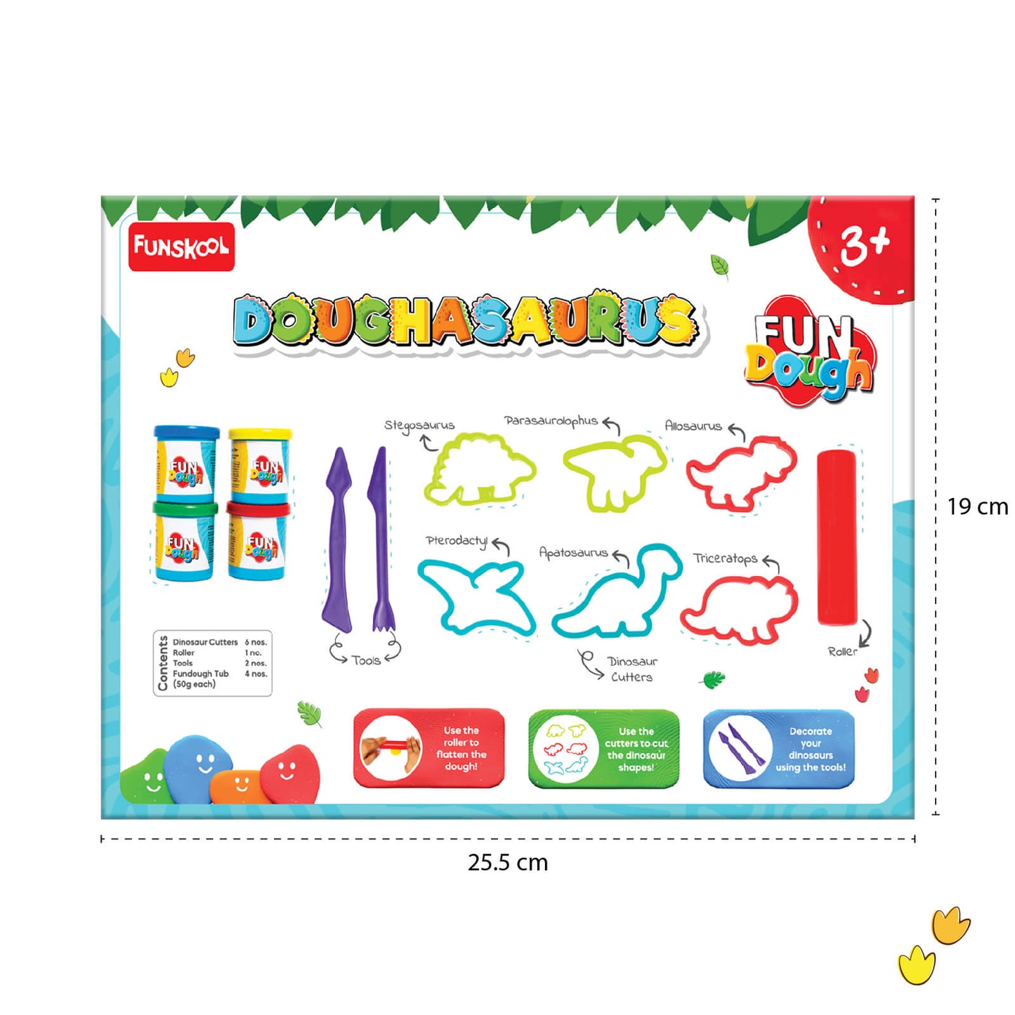 Fundough Funskool Doughasaurus, Play Dough, Art and Craft Set for Kid, 4 Colorful Tubs of 50g Each (200g Total), Learning, Fun & Engaging, Multicolour, Gift Set for Kids, Age 3+ Years