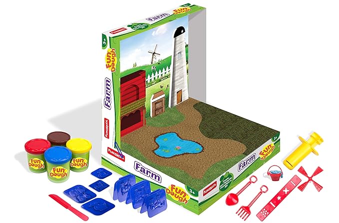 Fundough Funskool Farm House, Play Set for Kid, 4 Colorful Tubs of 50g Each (250g Total), Learning, Fun & Engaging Activity, Multicolour, Gift Set for Kids, Age 3+ Years