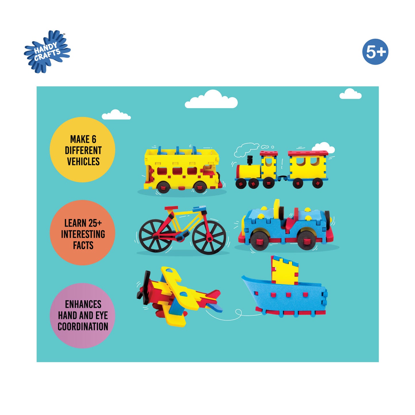 Handycrafts Funskool Foam Vehicles, Unbox The Adventure, DIY Kit, Art and Craft Set for Kids, Learning, Fun & Engaging Activity for Childrens, Multicolour, Gift Set for Kids, Age 5+ Years