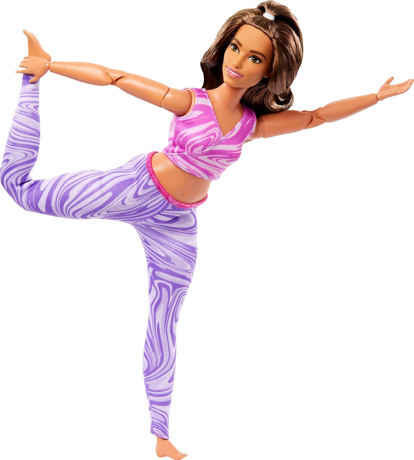 Barbie Made to Move Fashion Doll with Curvy Body & Brunette Hair Wearing Removable Pink Sports Top & Purple Yoga Pants, 22 Bendable “Joints”