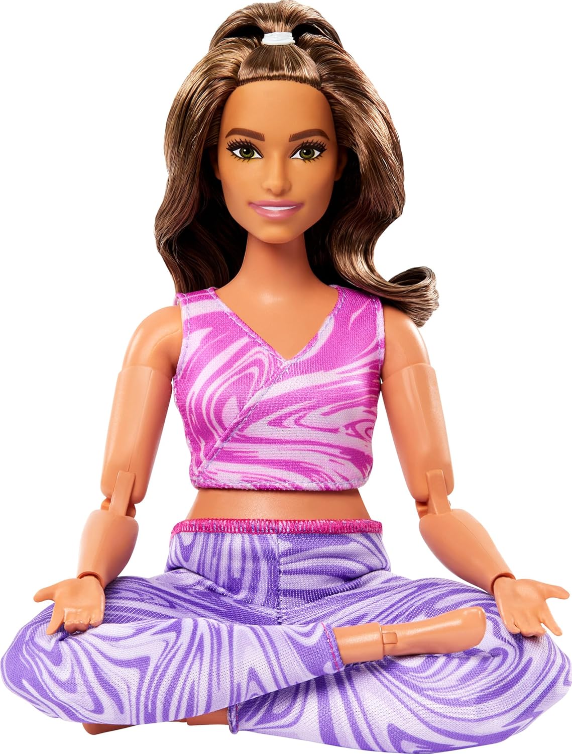 Barbie Made to Move Fashion Doll with Curvy Body & Brunette Hair Wearing Removable Pink Sports Top & Purple Yoga Pants, 22 Bendable “Joints”