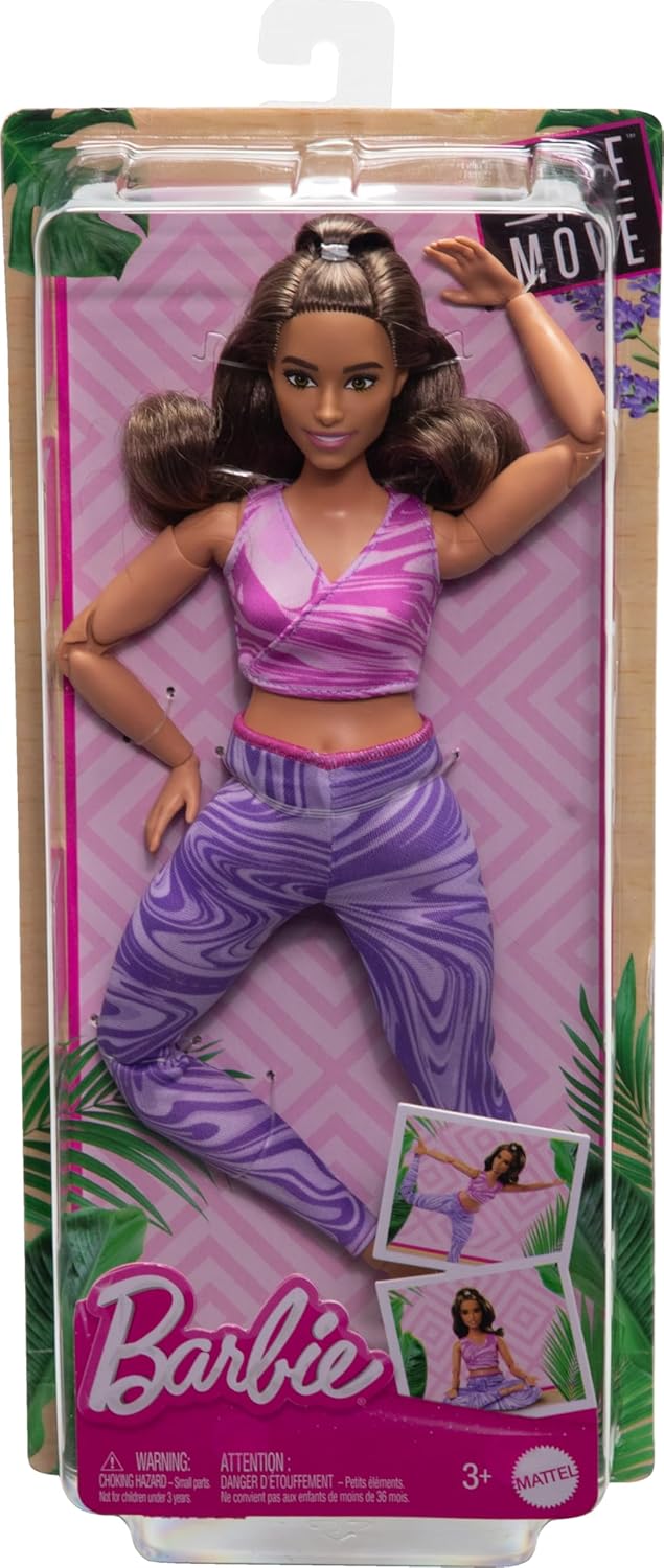 Barbie Made to Move Fashion Doll with Curvy Body & Brunette Hair Wearing Removable Pink Sports Top & Purple Yoga Pants, 22 Bendable “Joints”