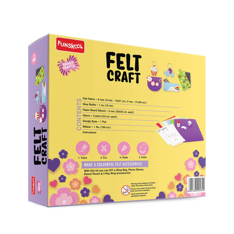 Funskool Handycrafts Felt Craft, Make Bags, Phone Sleeve, Pencil Pouch, Keyrings, Art and Craft Kit, Ages 5 Years and Above, Multicolour