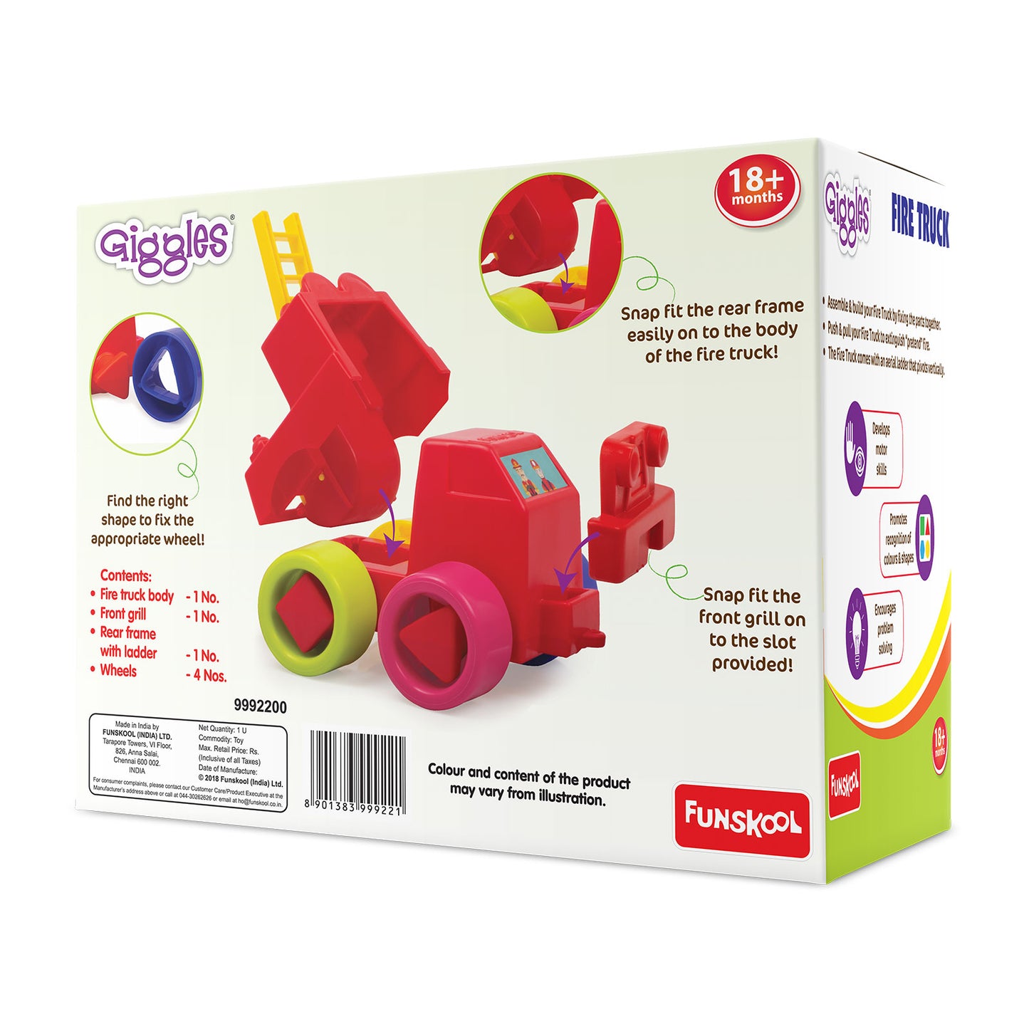 Giggles Funskool - Mini Vehicles City Fire Truck, Multicolour Push And Go Vehicle, Develops Hand-Eye Coordination, 12 Months & Above, Infant And Preschool Toys