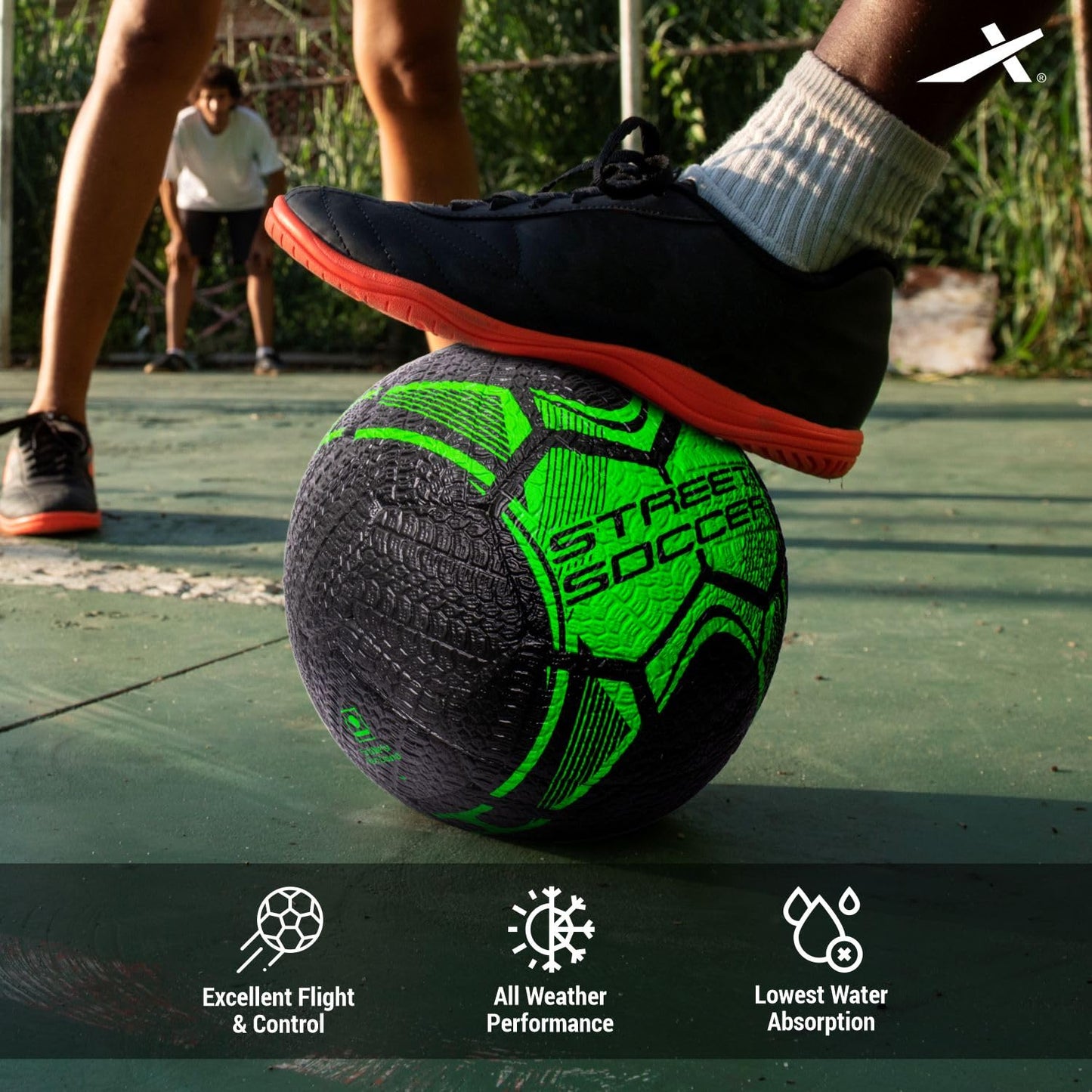 Vector X Street Soccer Rubber Moulded Indoor/Outdoor Water-Resistant Football with Butyl Bladder, Black-Green, Size 5, Suitable for Match and Training for Adults 15+ Years