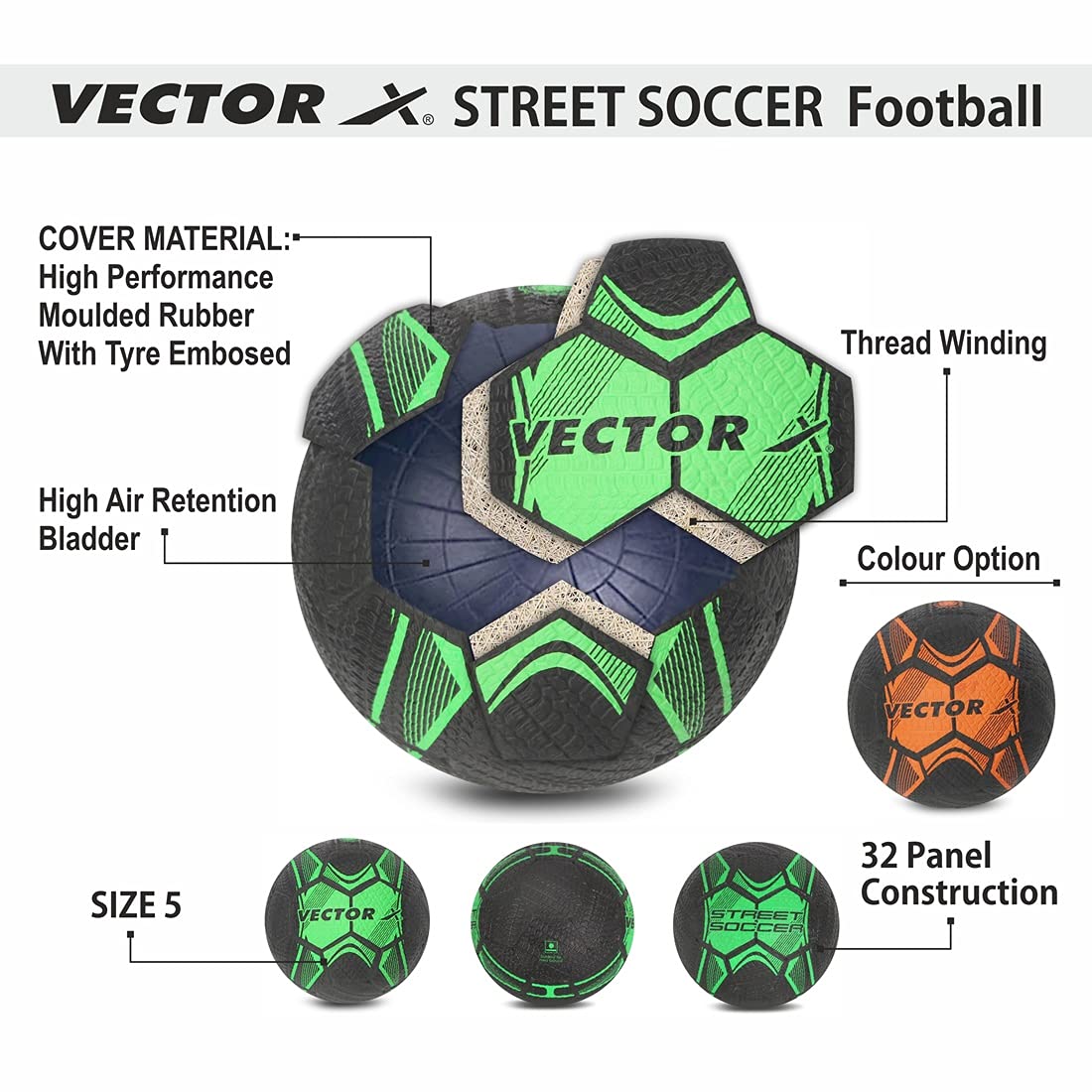 Vector X Street Soccer Rubber Moulded Indoor/Outdoor Water-Resistant Football with Butyl Bladder, Black-Green, Size 5, Suitable for Match and Training for Adults 15+ Years