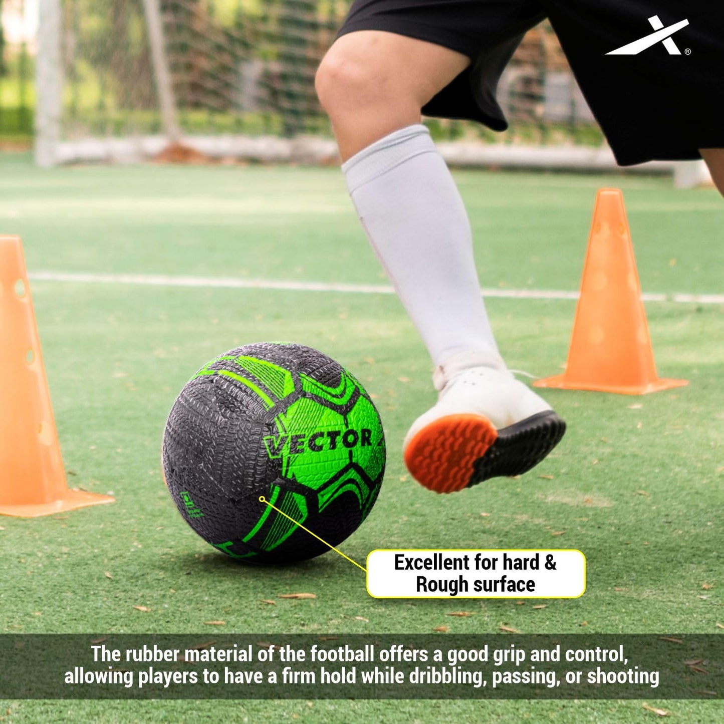 Vector X Street Soccer Rubber Moulded Indoor/Outdoor Water-Resistant Football with Butyl Bladder, Black-Green, Size 5, Suitable for Match and Training for Adults 15+ Years