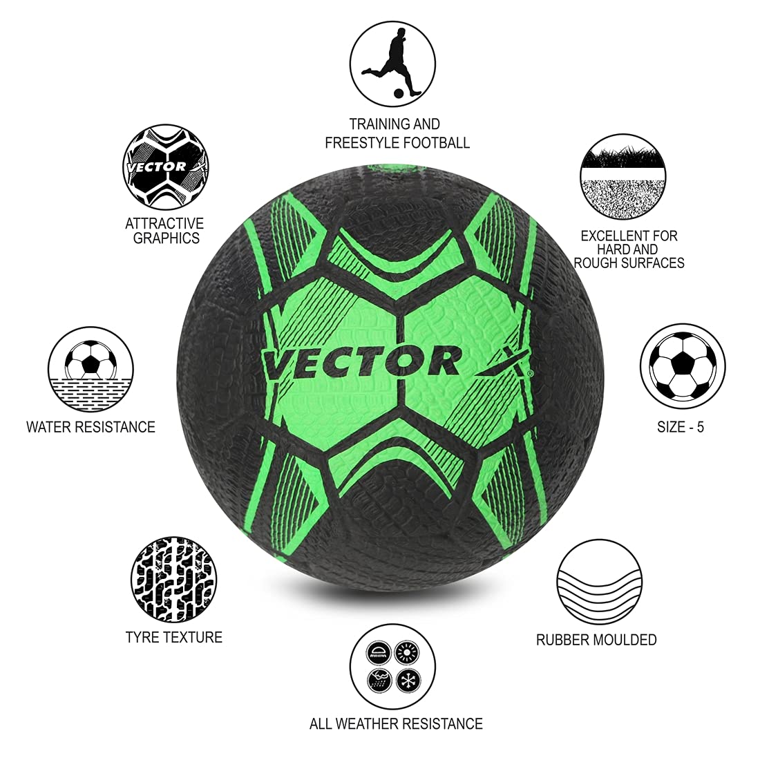 Vector X Street Soccer Rubber Moulded Indoor/Outdoor Water-Resistant Football with Butyl Bladder, Black-Green, Size 5, Suitable for Match and Training for Adults 15+ Years