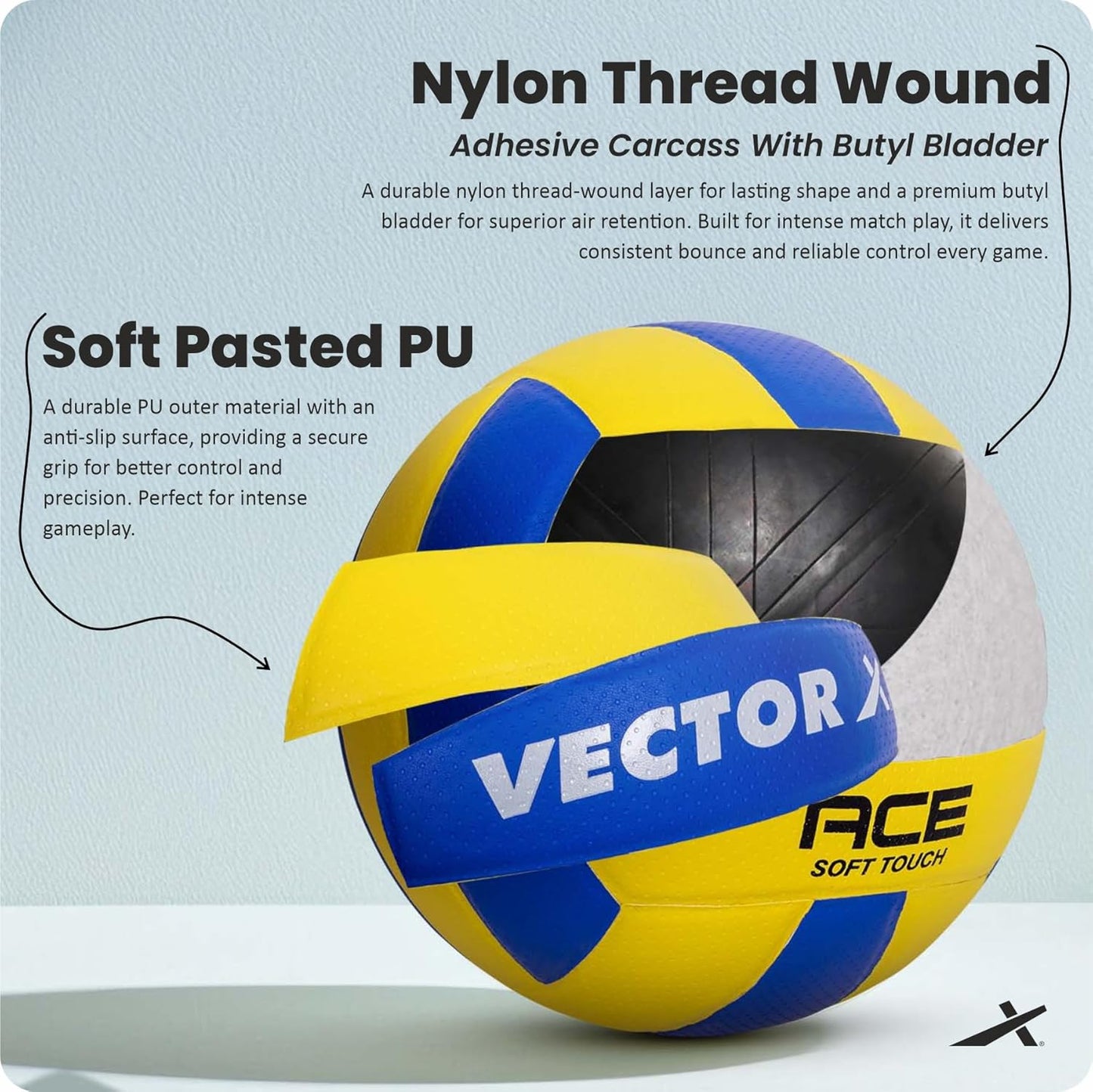 Vector X Ace Soft Touch 18 Panel PU Pasted Texture Surface Volleyball |Durable, Anti-Slip, Water Resistant Ball for Court, Adult, Men & Boys (Yellow - Blue) Pack of 1 Size 4