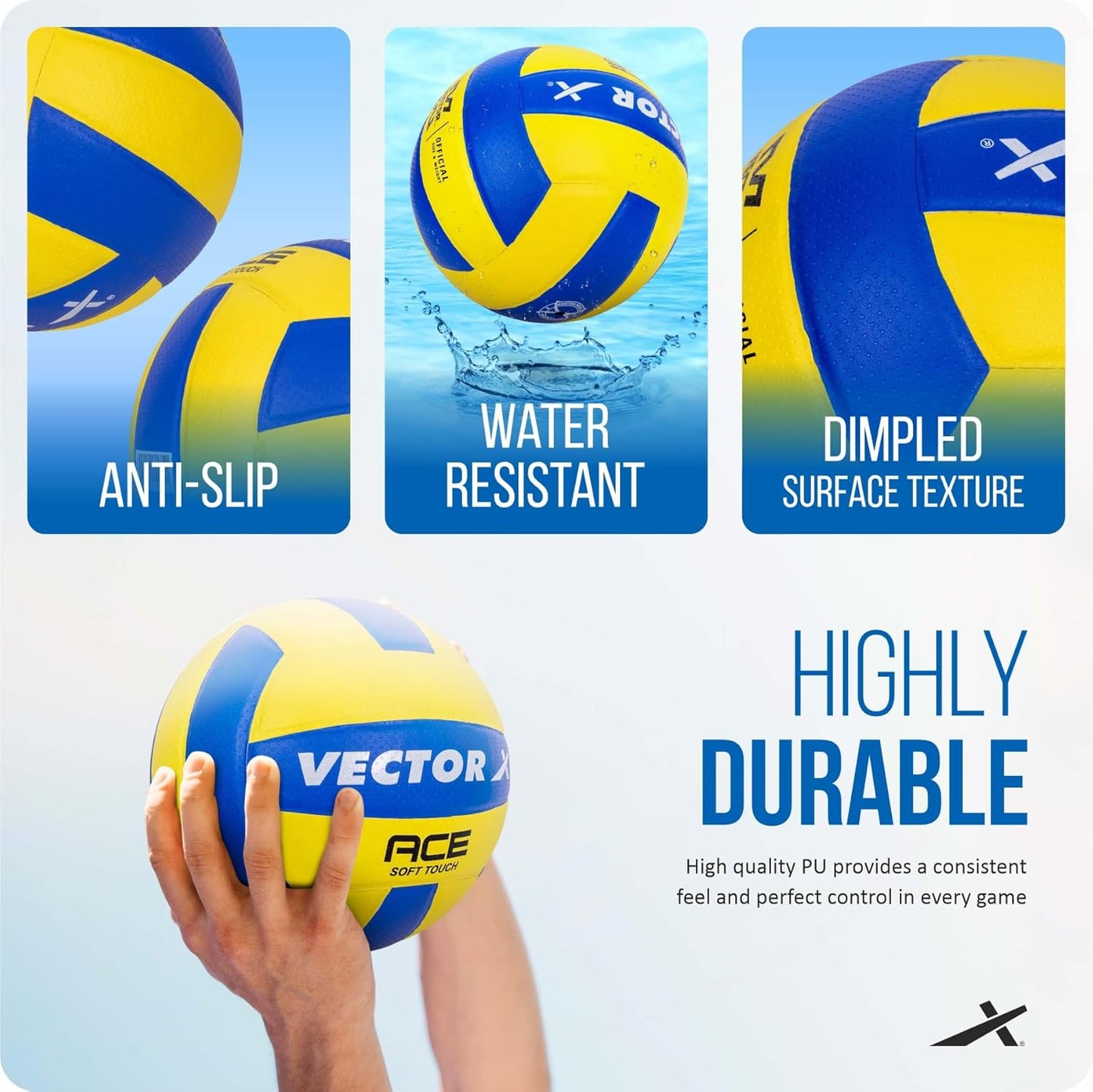 Vector X Ace Soft Touch 18 Panel PU Pasted Texture Surface Volleyball |Durable, Anti-Slip, Water Resistant Ball for Court, Adult, Men & Boys (Yellow - Blue) Pack of 1 Size 4
