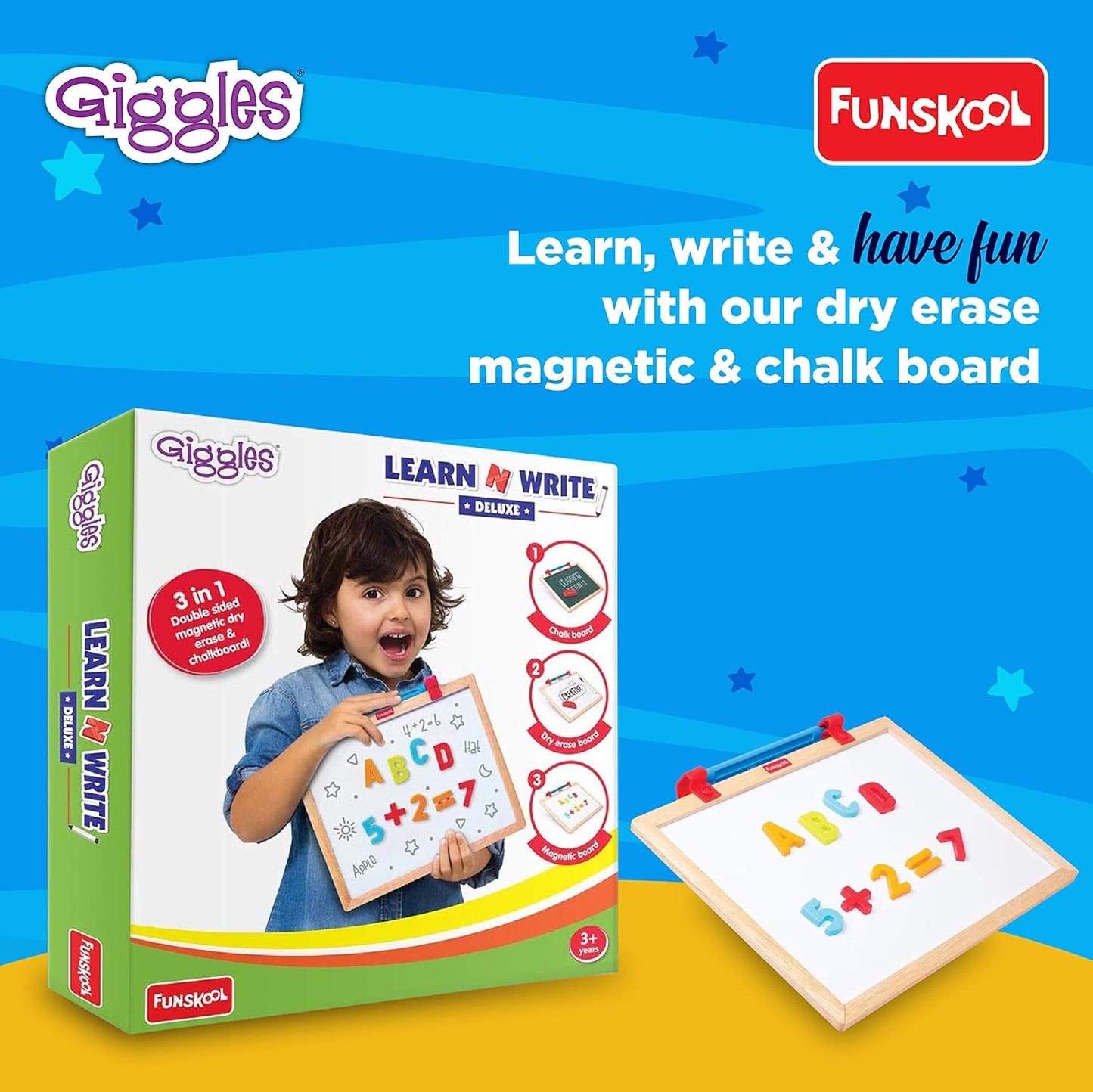 Giggles - Learn N Write Deluxe, 3 in 1 Magnetic Dry Erase & Chalkboard, Develops Early Writing Skills, 3 Years & Above, Preschool Toys, Multicolour