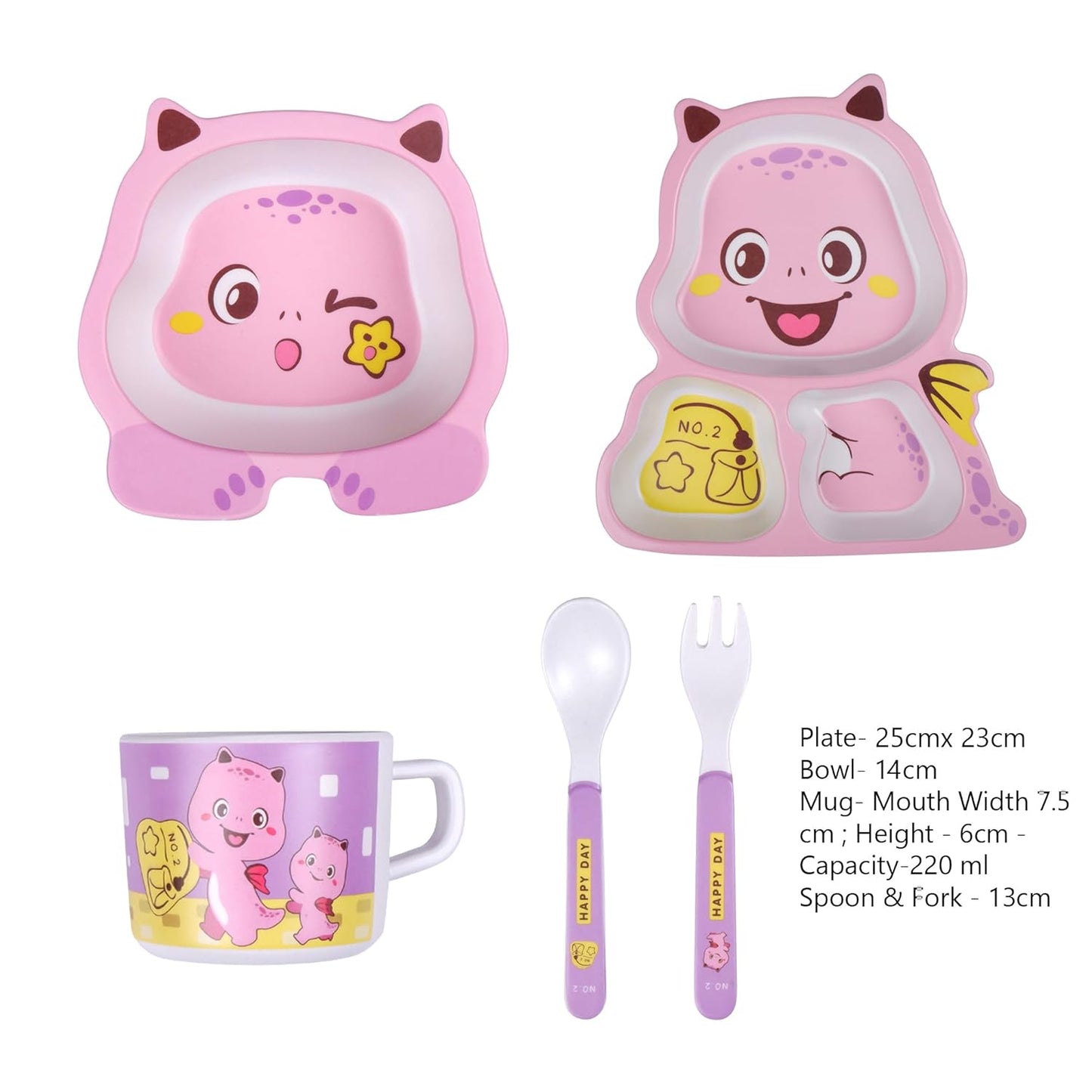 The Bamboo Co ® Kids/Baby Feeding/Dinner Set of 5 | Made of Bamboo| Kids Crockery Set Tableware |Baby Utensils and Dishes Set | Eco-Friendly |Organic & Natural (Pink Pterosaur)