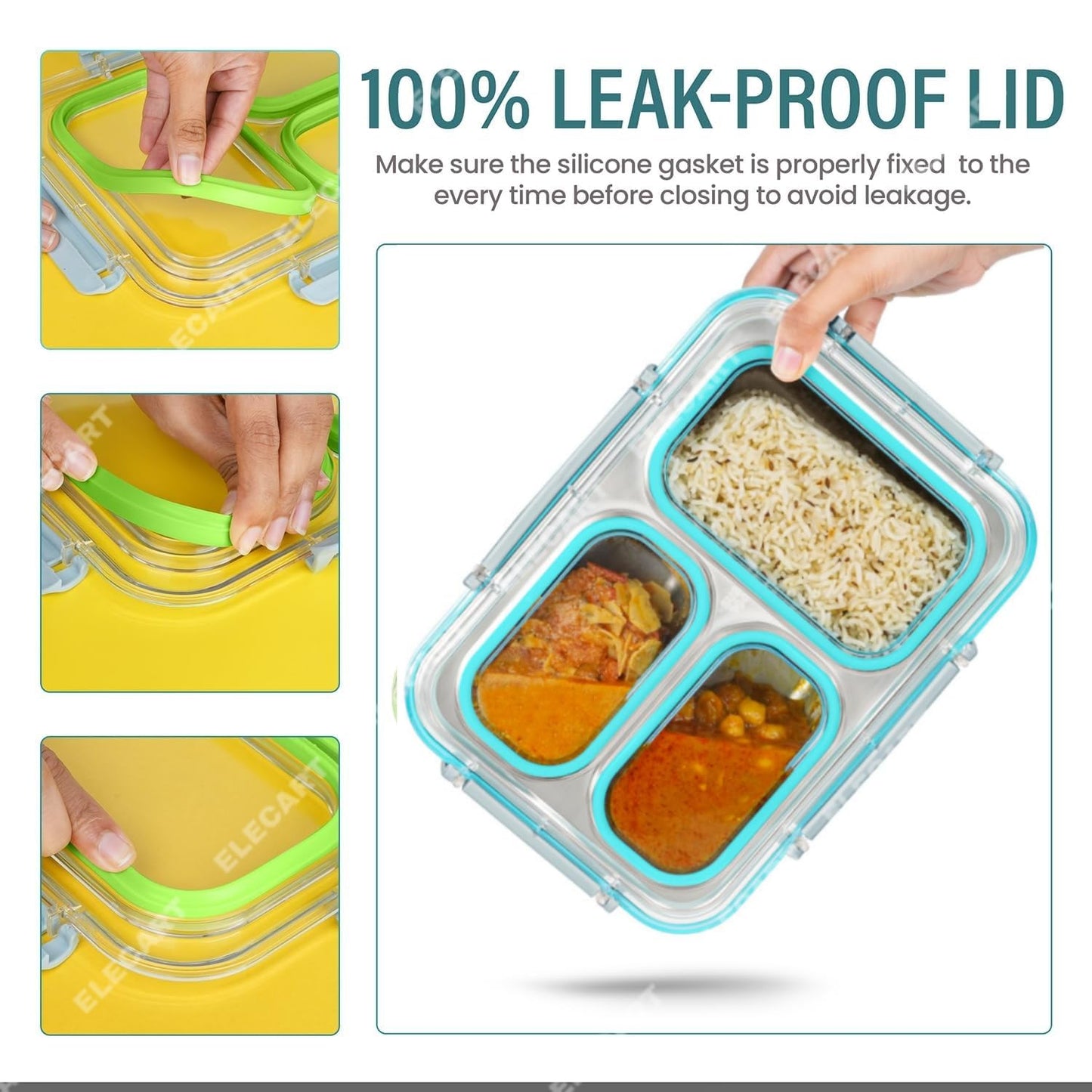Elecart 3-Compartment Stainless Steel Insulated Lunch Box | Leak-Proof Bento Tiffin Box with Silicone Gasket Lid for Office, School, Travel | BPA-Free, Microwave & Freezer Safe (Pack 1 Random Colour)