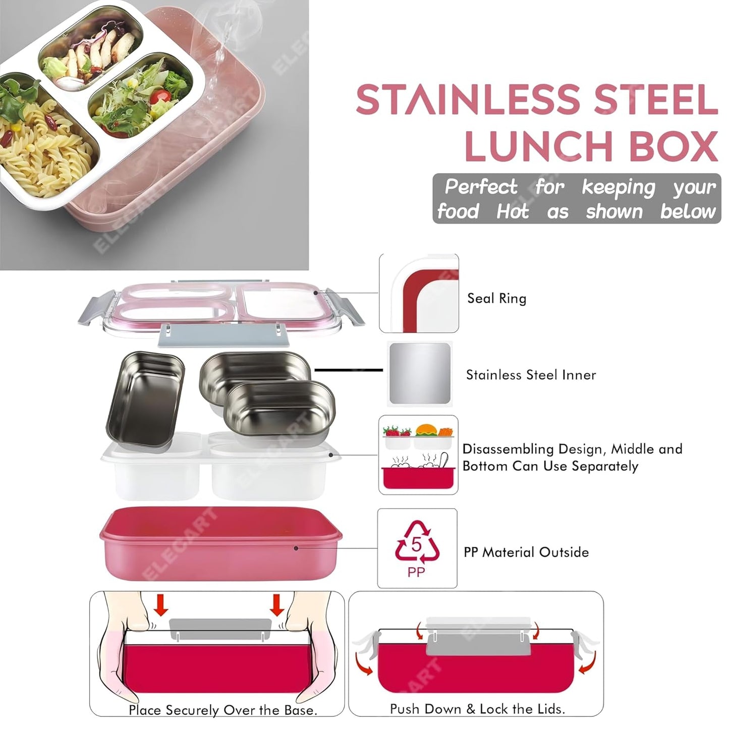 Elecart 3-Compartment Stainless Steel Insulated Lunch Box | Leak-Proof Bento Tiffin Box with Silicone Gasket Lid for Office, School, Travel | BPA-Free, Microwave & Freezer Safe (Pack 1 Random Colour)