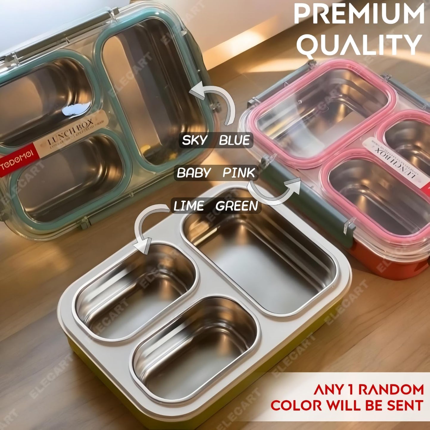 Elecart 3-Compartment Stainless Steel Insulated Lunch Box | Leak-Proof Bento Tiffin Box with Silicone Gasket Lid for Office, School, Travel | BPA-Free, Microwave & Freezer Safe (Pack 1 Random Colour)