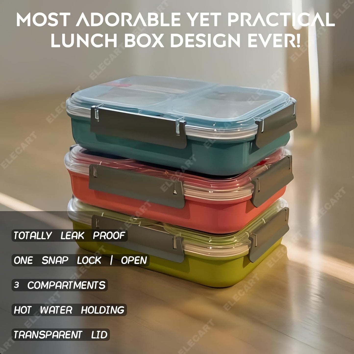 Elecart 3-Compartment Stainless Steel Insulated Lunch Box | Leak-Proof Bento Tiffin Box with Silicone Gasket Lid for Office, School, Travel | BPA-Free, Microwave & Freezer Safe (Pack 1 Random Colour)
