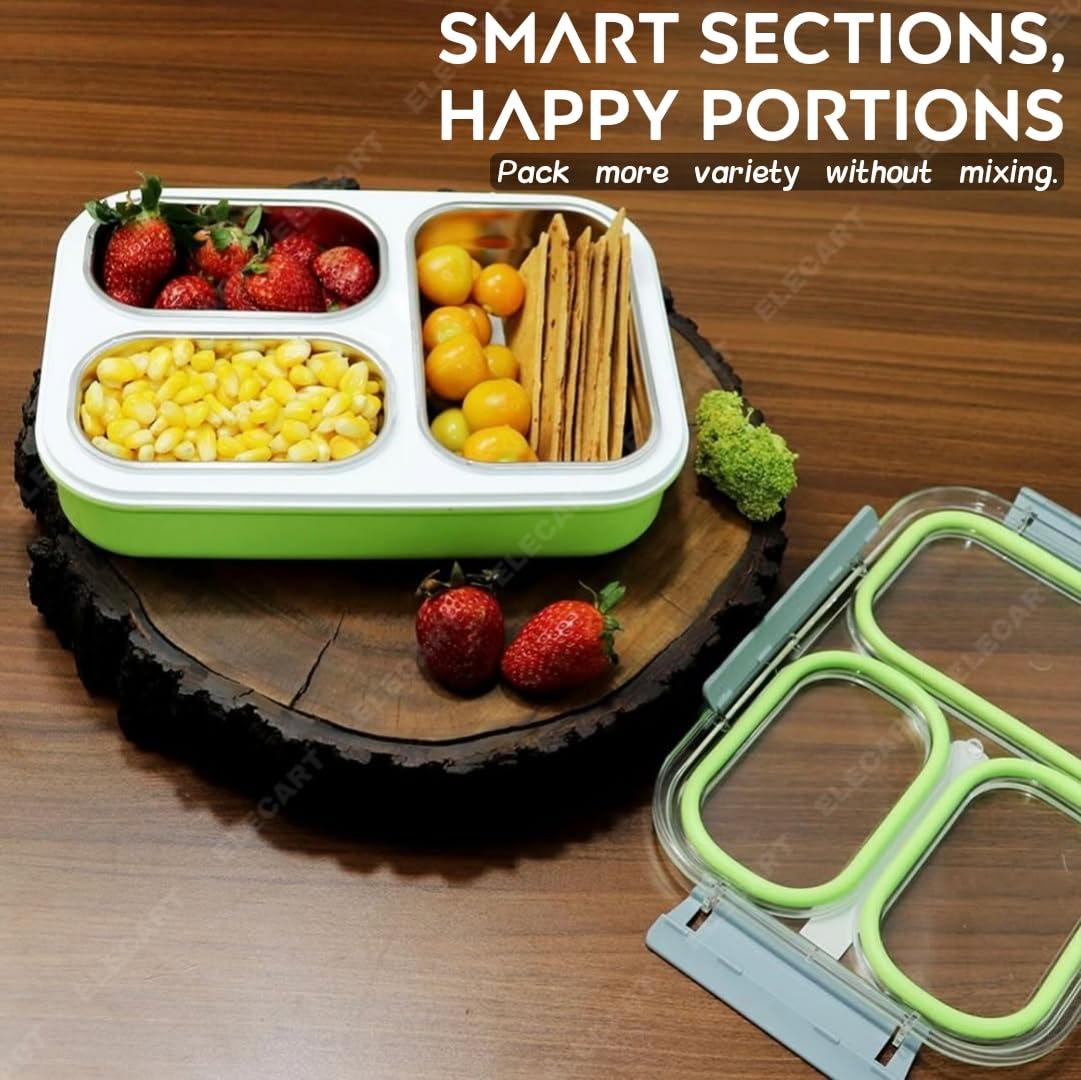 Elecart 3-Compartment Stainless Steel Insulated Lunch Box | Leak-Proof Bento Tiffin Box with Silicone Gasket Lid for Office, School, Travel | BPA-Free, Microwave & Freezer Safe (Pack 1 Random Colour)