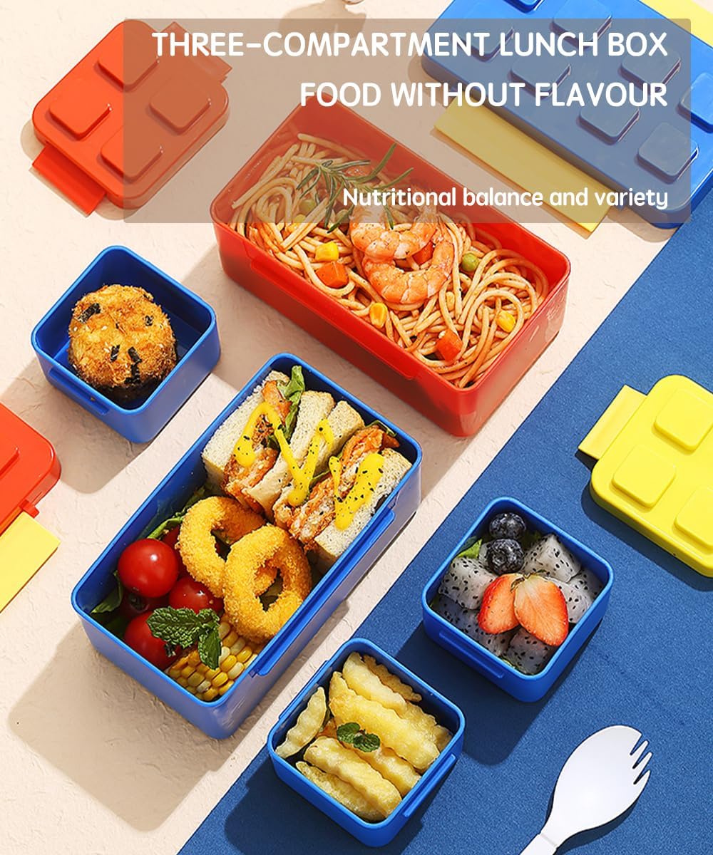 BRYN 1000 ml Lunch Box with Compartments, Bento Box, Microwave-Safe, Sealed Lunch Box with Cutlery for Picnic, Camping, Fitness, School, Offices (Blue)
