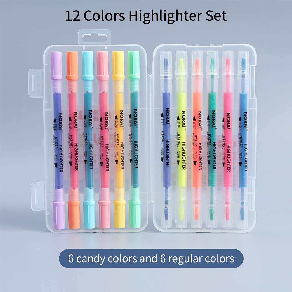 Decdeal 12 Colors Dual Tip Highlighter Pens Chisel Tips Art Marker Pen for Children Students Adults Drawing Journaling Office Home School Supplies