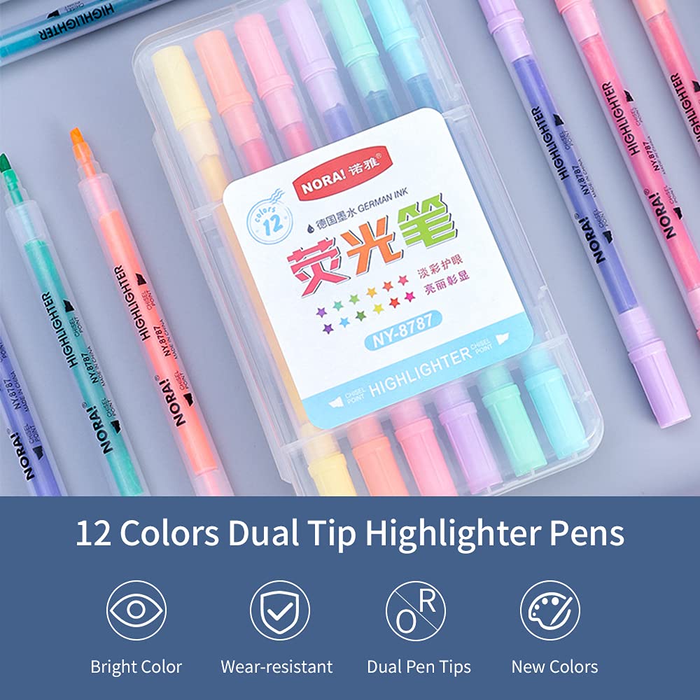 Decdeal 12 Colors Dual Tip Highlighter Pens Chisel Tips Art Marker Pen for Children Students Adults Drawing Journaling Office Home School Supplies