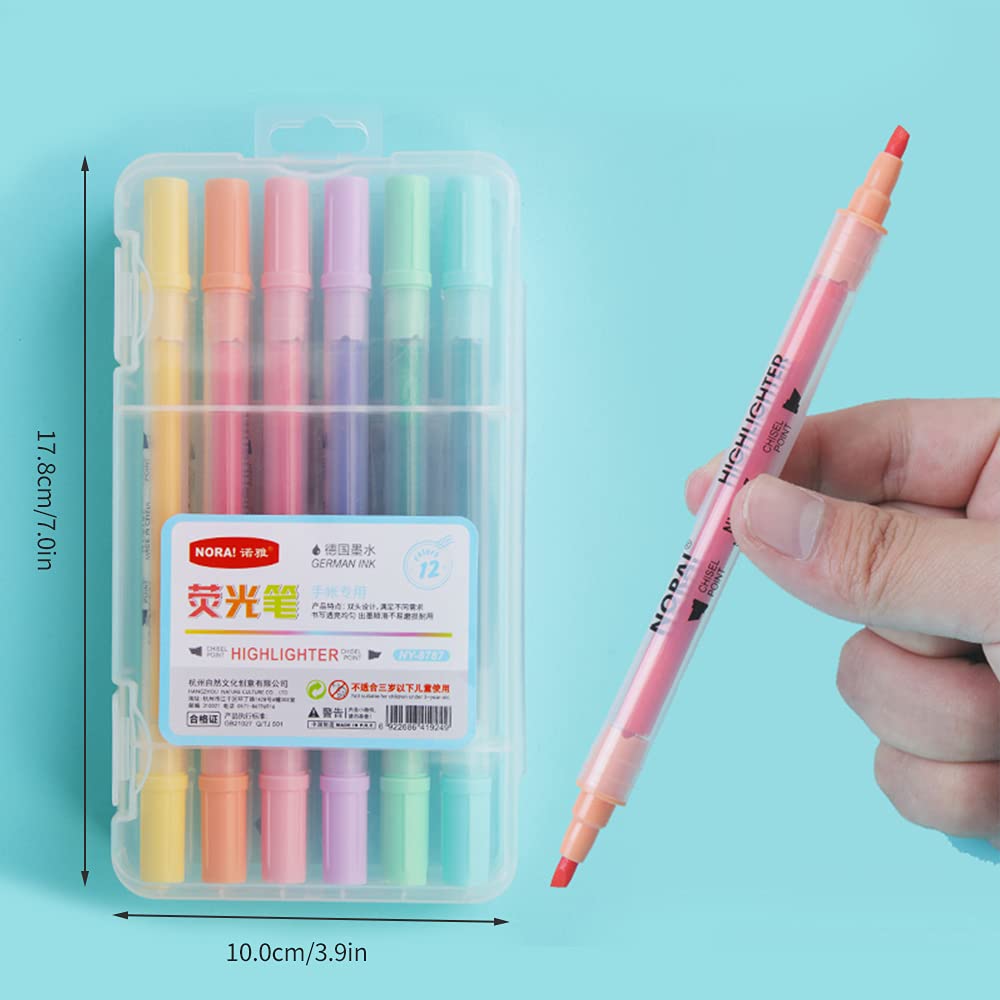Decdeal 12 Colors Dual Tip Highlighter Pens Chisel Tips Art Marker Pen for Children Students Adults Drawing Journaling Office Home School Supplies