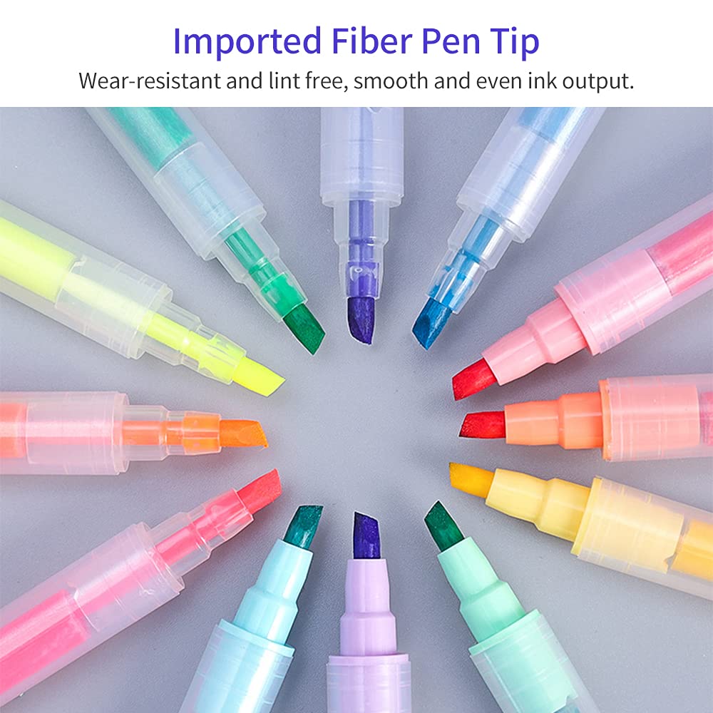 Decdeal 12 Colors Dual Tip Highlighter Pens Chisel Tips Art Marker Pen for Children Students Adults Drawing Journaling Office Home School Supplies