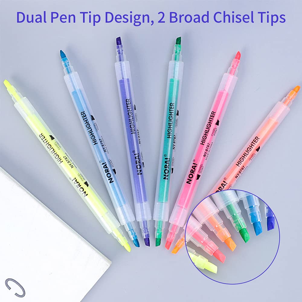 Decdeal 12 Colors Dual Tip Highlighter Pens Chisel Tips Art Marker Pen for Children Students Adults Drawing Journaling Office Home School Supplies