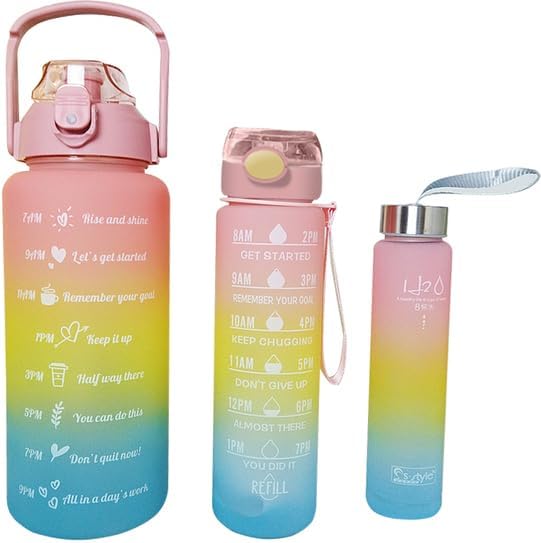 4 in 1 Water Bottle with Motivational Time Marker, Leakproof Durable BPA Free Non-Toxic Water bottle for office, gym, school (Multi color) with free peel & stick toy